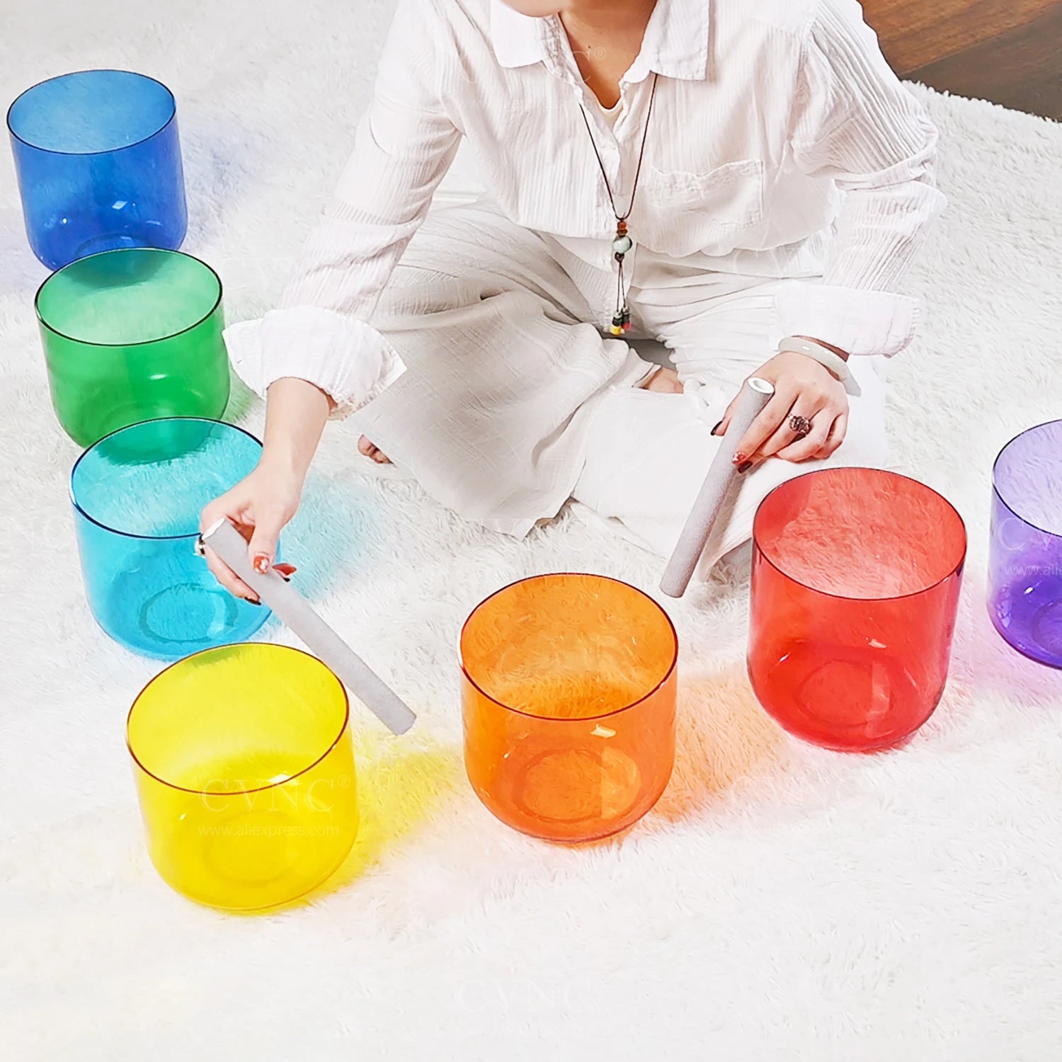 7pc Colored Alchemy Clear Quartz Crystal Singing Bowls